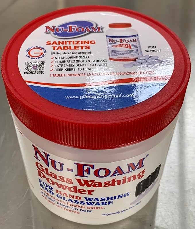 Nu-Foam Glass Washing Powder - Detergent for Bar Glassware – Original Streak-Free Solution - Hand Washing Bar, Tavern, Brewery Supplies - Concentrated 1 Lb Jar