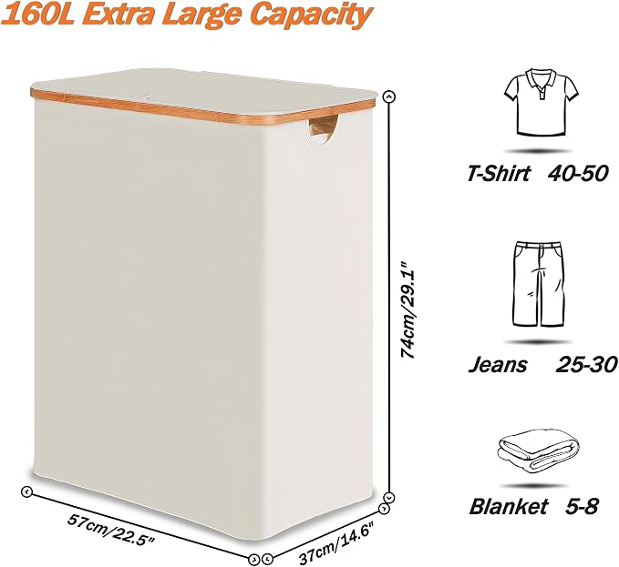 efluky Laundry Hamper with Lid, Trio Laundry Basket with 2 Removable Bags, 3 Section Laundry Bin with Bamboo Handles for Bathroom, Bedroom & Laundry Room, 160L (42.3 Gallon) Beige