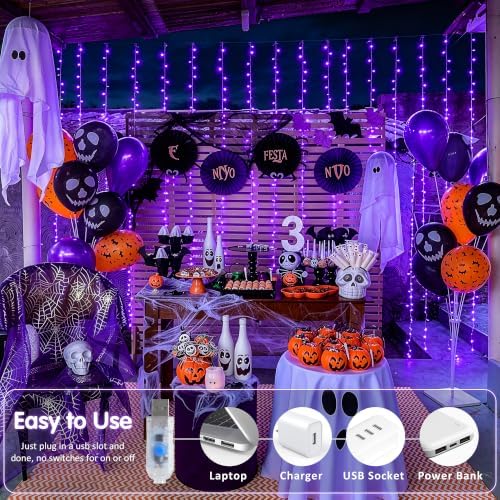 JMEXSUSS 200 LED USB Purple Halloween Lights, 6.5ft x 6.5ft