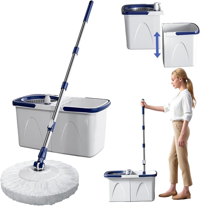 Spin Mop and Bucket Set 43-51" Telescopic Microfiber 15" Round Mop with Wringer, 2 Pads & Detachable 2 Compartment Bucket with Draining Hole for Home Spin and