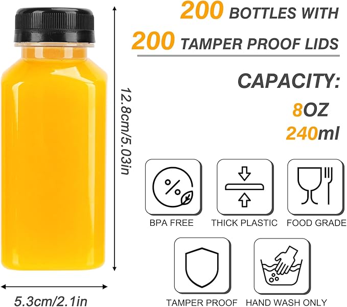 TOMNK 200pcs 8oz Plastic Juice Bottles with Caps Empty Reusable Clear Bottles with Label, Funnel and Brush Beverage Containers Bulk with Lids for Juicing, Smoothies, Fridge