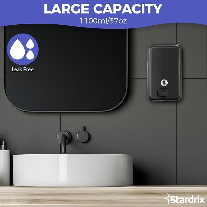 Stardrix Matte Black Stainless Steel Vertical 1100ml/37oz Capacity Commercial-Grade Soap Dispenser, Wall-Mounted Bathroom Hand Soap Dispenser with Corrosion-Proof Lining and Anti-Leak Pump