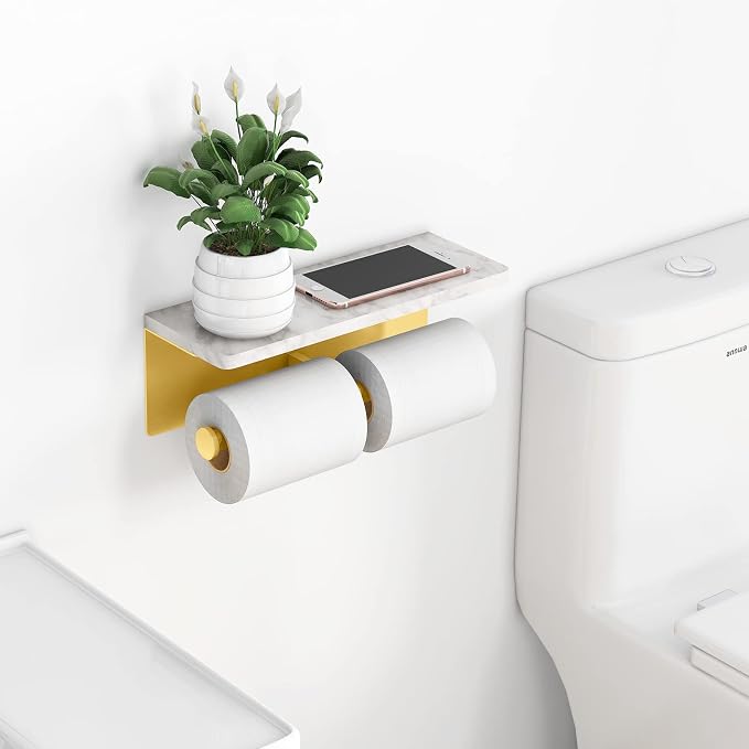 Gypie Brushed Gold Toilet Paper Holder with Marble Shelf, Double Rolls | Toilet Paper Holder with Storage, Toilet Paper Wall Mount for Bathroom Washroom