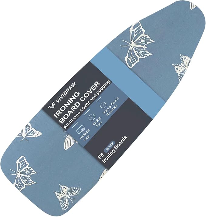 VividPaw Ironing Board Cover and Pad 18x49, Extra Wide, Thick Padding, Elastic Edge, Silicone Coated, Resist Scorching, Heavy Duty Iron Board Covers (Butterfly, 18" x 49")