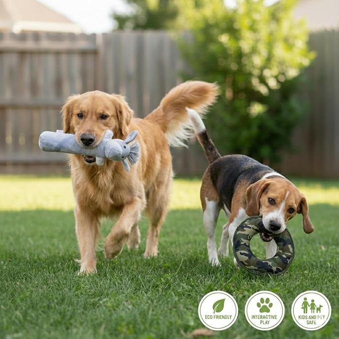 Durable Tough Cotton Canvas Squeaky Dog Toys, Eco-Friendly Interactive 2-Pack Chew Toy Set for Small, Medium & Large Dogs, Labby-Do & Camo Disk