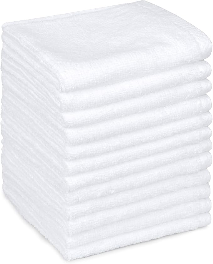 Amazon Basics Cotton Washcloths, Lightweight Quick-Dry, Absorbent Face and Body Towel Set, 12" x 12", White, 12-Pack