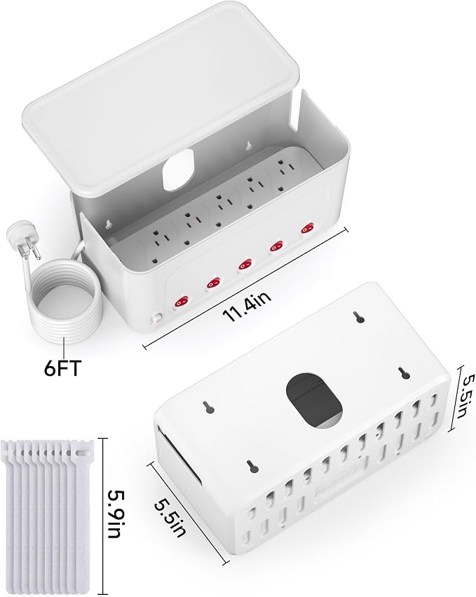 Surge Protector Power Strip with Cable Management Box,Cord Organizer Box with 10 Outlets and 3 USB Ports,Individual Switches,6 ft Flat Plug Extension Cord,Under-Desk and Desk Wire Storage Hider,White