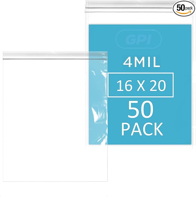 GPI - 16" x 20" Extra Large Reclosable Zip Bags - 4 Mil Heavy-Duty - Pack of 50 - Clear Plastic Zipper Lock Bags, Resealable Poly Baggies For Clothing, Tools, Travel, Storage & Packaging.