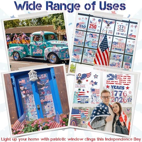 124 PCS 4th of July Window Clings, 9 Sheets 250th Anniversary Fourth of July Decorations, Red White Blue Independence Day Decor with USA Flags Eagles, Patriotic Window Clings for Home Parade