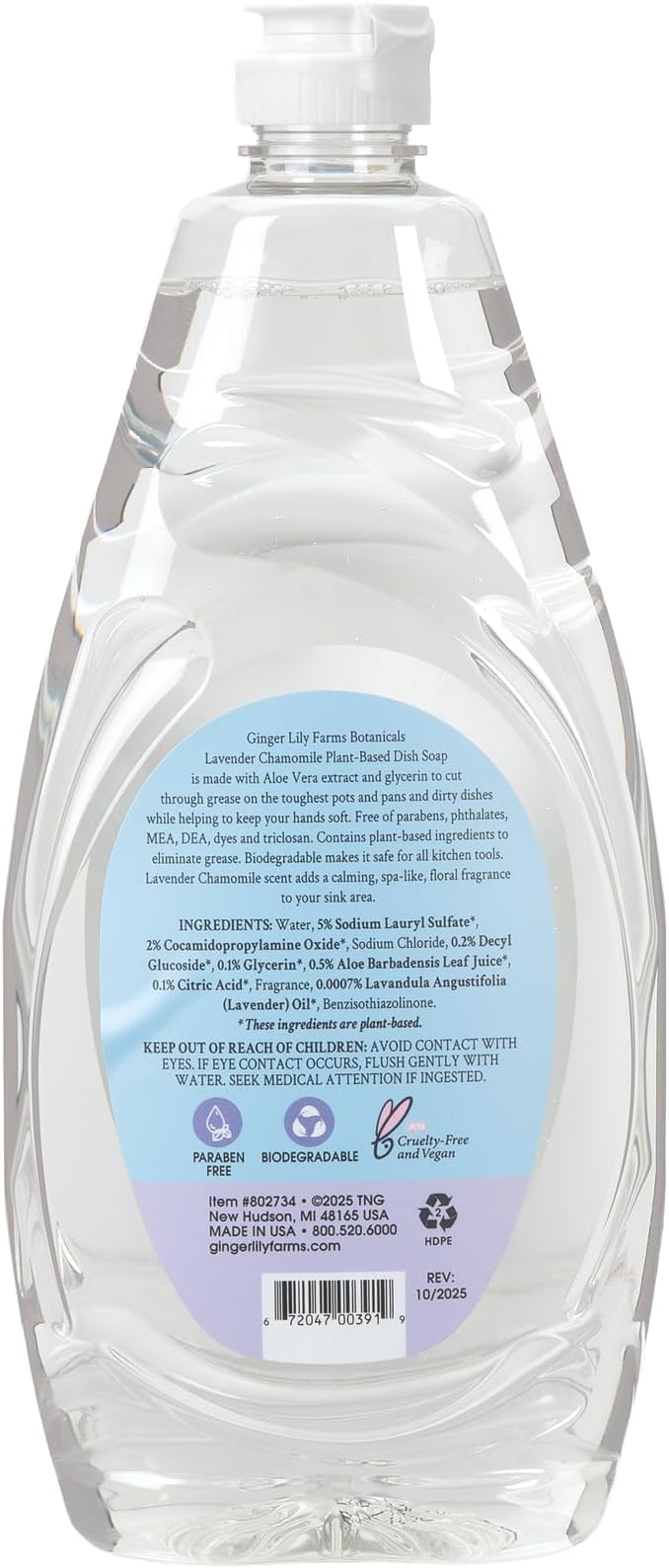 Ginger Lily Farms Botanicals Plant-Based Liquid Dish Soap, Concentrated Formula with Max Grease Cleaning Power, Cruelty-Free, Lavender Chamomile Scent, 24 Fl Oz