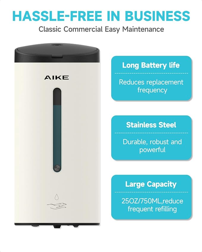 AIKE Automatic Liquid Soap Dispenser,25oz Capacity for Bathroom,Mattewhite | No-Drill and Screw Wall Mount Install Design for Space-Saving,4*AA batteries(Not Included) Ensure Long Standby,Model AK1205E