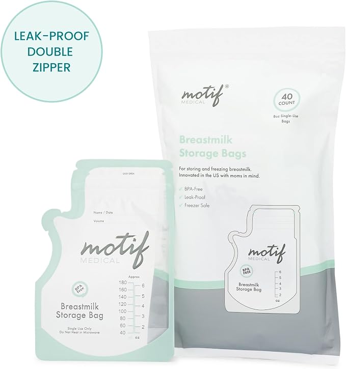 Motif Medical Breastmilk Storage Bags - Freezer Bag w/Easy Pour Spout, Write-On Label - Leak-Proof Double Zipper Milk Bags for Breastmilk - Ideal Breastfeeding Mom Gifts (6 oz, 90 Count)