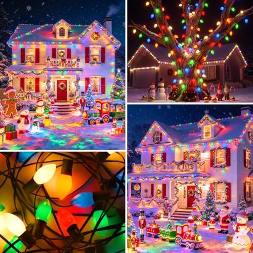 25Ft C9 LED Christmas String Lights Outdoor, Multicolor Christmas Decorations Lights with 25+1 Colored C9 LED Bulbs, Vintage Decor Light for Xmas Tree Home Yard Party Decor, E17 Base, Green Wire