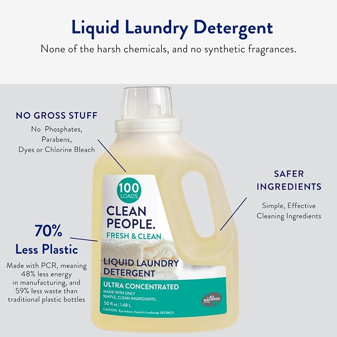 The Clean People Liquid Laundry Detergent - Recyclable Packaging, Stain Fighting - Ultra Concentrated, Laundry Soap - Fresh Scent, 50 fl oz