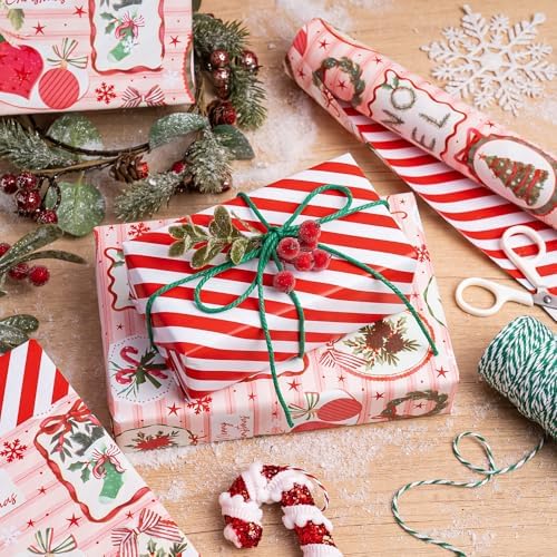 WRAPAHOLIC 30 Inch Reversible Christmas Wrapping Paper - 30 Inch x 33 Feet - Pink & Red Classic Christmas Decor and Stripes Wrapping Paper for Xmas Holiday, Party Celebration