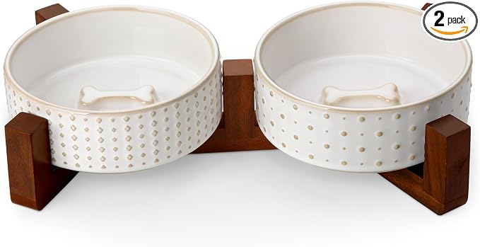 MALACASA Dog Bowl Set, Ceramic Bowls with Walnut Wood Stand, 1.5 Cups | Rhombic and Polka Dot Design, Non-Slip Base, for Cats and Dogs, About 26% Heavier than Similar Ceramic Bowls