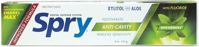 Spry Xylitol Toothpaste with Fluoride, Natural Spearmint, Anti-Cavity, 5 oz (3 Pack) | Gentle for Sensitive Teeth Whitening and Remineralizing, Bad Breath Freshening, Dry Mouth Moisturizing, for Adults and Kids