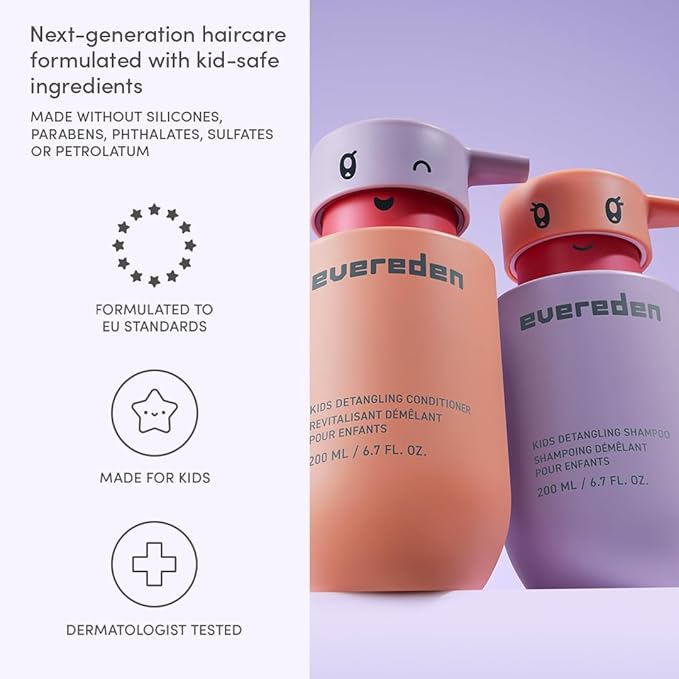 Evereden Kids Mini Haircare Set: Travel Size Hair Detangling Shampoo 1fl.oz & Conditioner 1fl.oz for Children Ages 3+, Plant Protein Peptides & Argan Oil, Vegan, Free from Sulfate, Paraben & Phthalate
