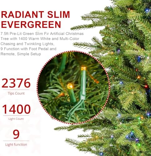 Glitzhome 7.5ft Prelit Artificial Christmas Tree, Full Realistic Christmas Tree with 3217 Tips and 550 Warm White and Multi-Color Lights, Glow Berry Fir Tree for Living Room Christmas Decoration