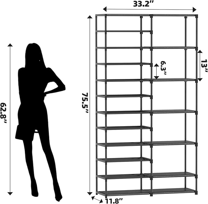 Ekisemio 12 Tier Shoe Rack Tall, Shoe Rack Organizer, Large Capacity Holds 34-50 Pairs, Boot Rack Organizer for Entryway, Closet, Garage, Black