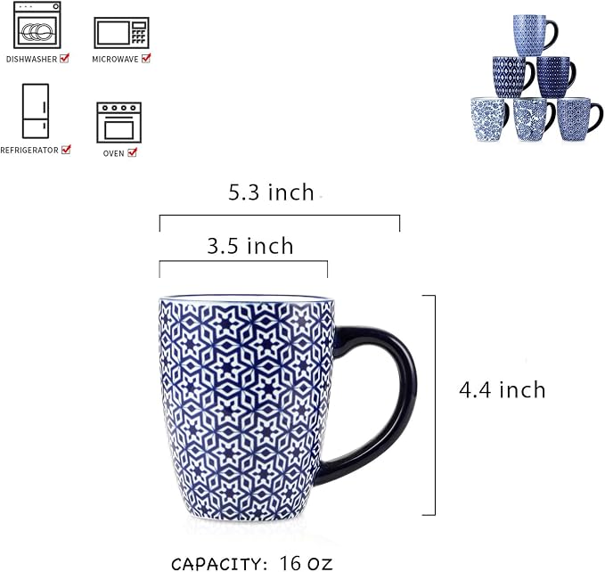 Selamica 16 oz Ceramic Coffee Mugs Set of 6, Ceramic Tea Cup with Handle, Dishwasher oven microwave safe, Vintage Blue
