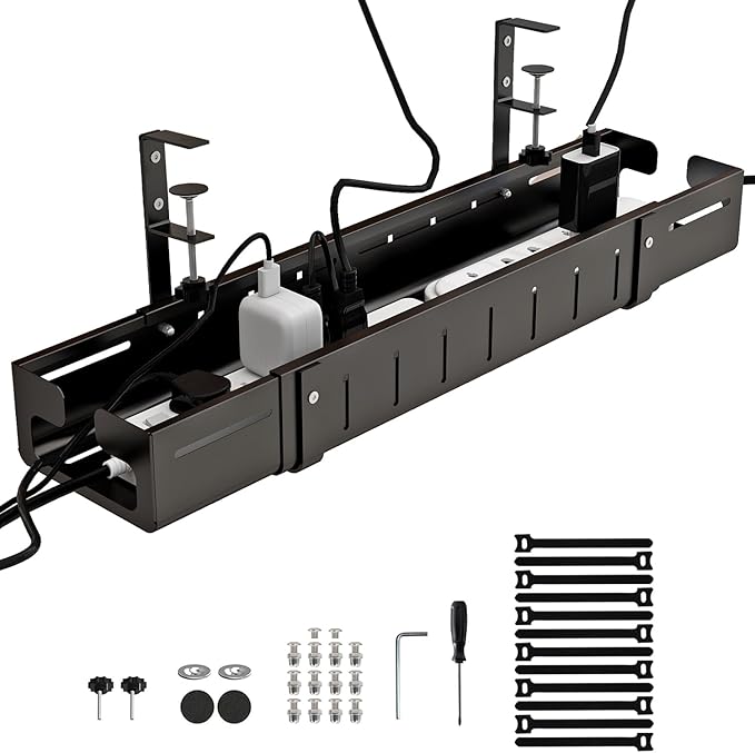 Under Desk Cable Management Tray, Expandable Length 25.2"-38.6",No Drill No Damage to Desk,Cable Tray with Clamp for with Wire Management,for Cord Organizer for Home Office Standing Desk, Black