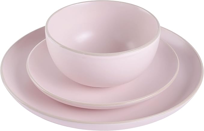 Gibson Home Rockaway 12-Piece Round Stoneware Dinnerware Set, Service for 4 – Pink Plates and Bowls, Modern Matte Finish, Microwave & Dishwasher Safe