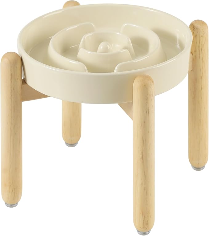 Havniva Elevated Slow Feeder Dog Bowls, Ceramic Dog Bowl Slow Feeder | 1.6 Cups Raised Slow Feeding Bowl for Medium Breed, Puzzle Dog Food Bowl with Wooden Stand, Non-Slip, Anti-Choking