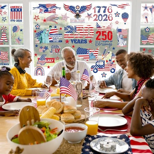 124 PCS 4th of July Window Clings, 9 Sheets 250th Anniversary Fourth of July Decorations, Red White Blue Independence Day Decor with USA Flags Eagles, Patriotic Window Clings for Home Parade