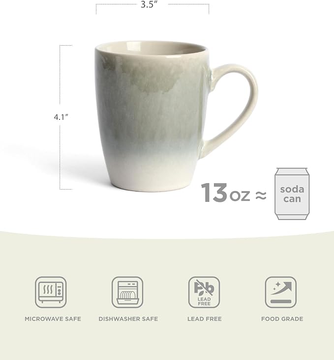 famiware Coffee Mugs Set, 13 oz Mug Set of 4, Stoneware Cups for Latte, Hot Tea, Mocha, Cocoa, Cappuccino, Microwave and Dishwasher Safe, Glacier Series, Sage Green (Pack of 2)