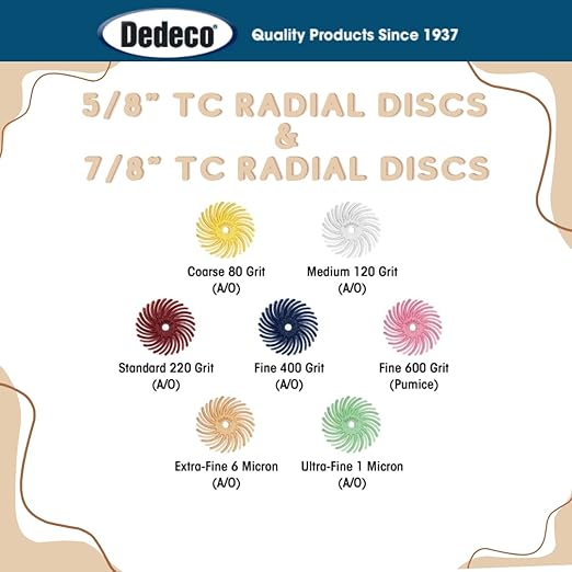 Dedeco Sunburst Radial Bristle Discs 48-Pack - 5/8" Curved - Peach 2500 Grit (Extra-Fine, 6 Micron) - Aluminum Oxide for Polishing & Finishing