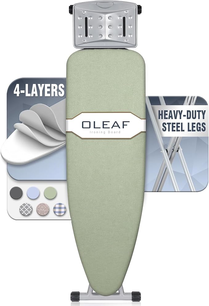 oleaf Ironing Board with Cover and Thicken Pad Height Adjustable Full Size Foldable Iron Board with Iron Rest, Stable Steel Legs, Metal Construction, Heat Resistant, Light Green