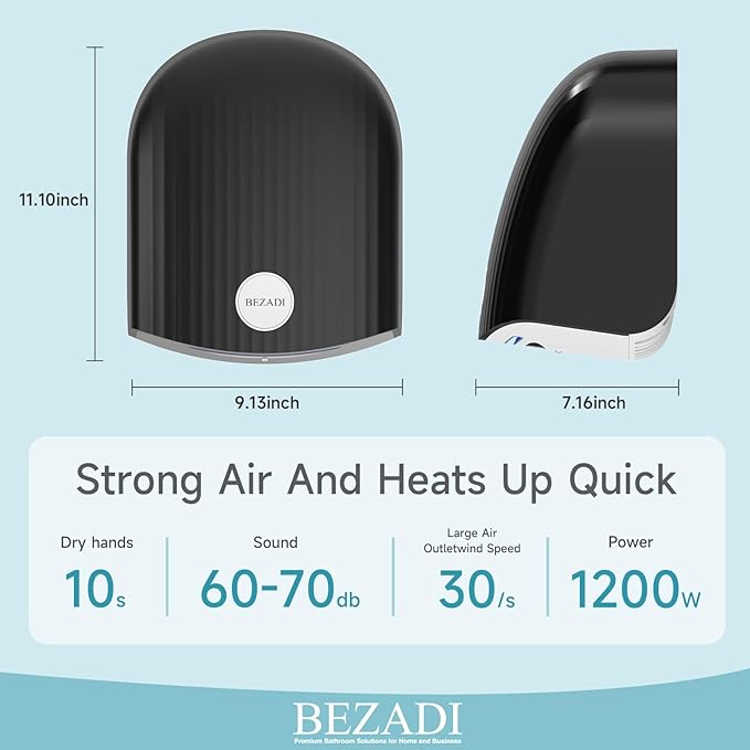 1200W Commercial Hand Dryer, High-Speed Hot & Cold Wind, Wall Mounted, Automatic Hand Dryer for Home, Bathroom, Industry - 110V, Black, ABS Material
