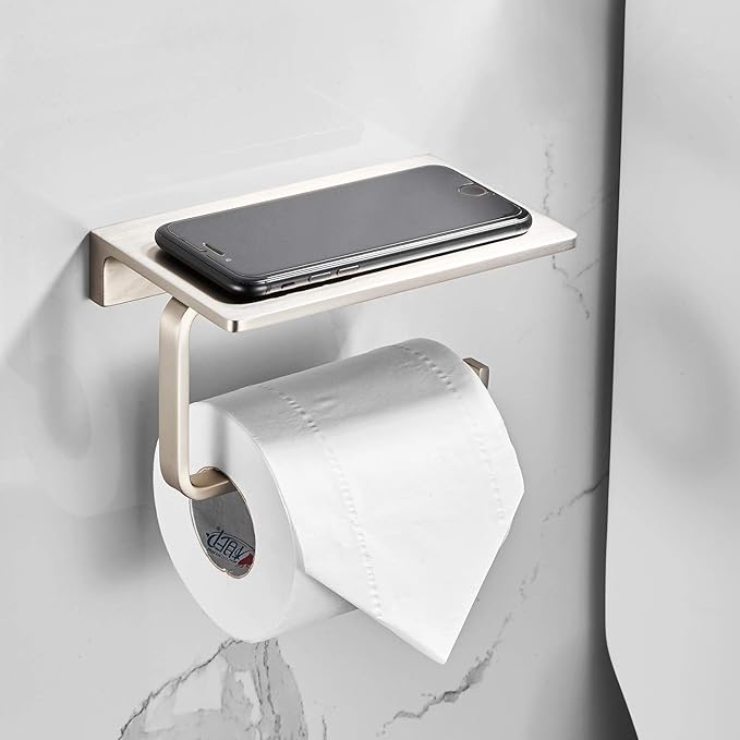 Toilet Roll Paper Holder Bathroom Solid Brass and Superior Hotel Style Wall Mount Tissue Roll Holder with Phone Shelf Brushed Nickel Finished