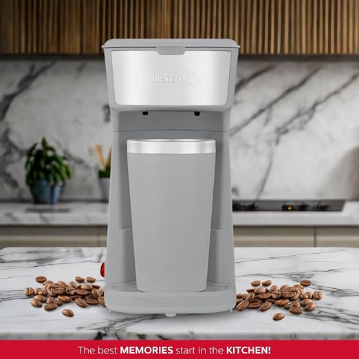 Holstein Housewares Personal Coffee Maker with 14oz Travel Mug – Compact One-Touch Brew Machine with Reusable Filter, Auto Shut-Off, Non-Stick Plate, Ideal for Home, Office, or Dorm. Grey