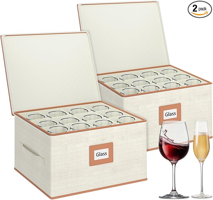 2-Pack Wine Glass Storage Box with Dividers, Hard Shell Stemware Storage | Holds 24 Crystal Glasses, Drinkware, Quilted, Dual Zippers, Reinforced Handles, Stackable, Moving and Seasonal Storage, Ivory