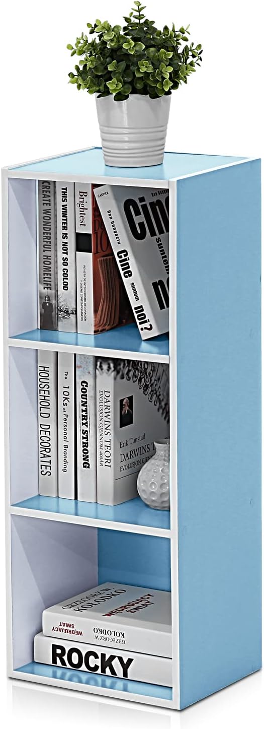 Furinno LUDER Book Shelf, 3-Cube Bookshelf, Bookcase with Open Shelves, 9.3 x 12 x 31.5, Easy Assembly, for Living Room, Bedroom, Home Office, White/Light Blue