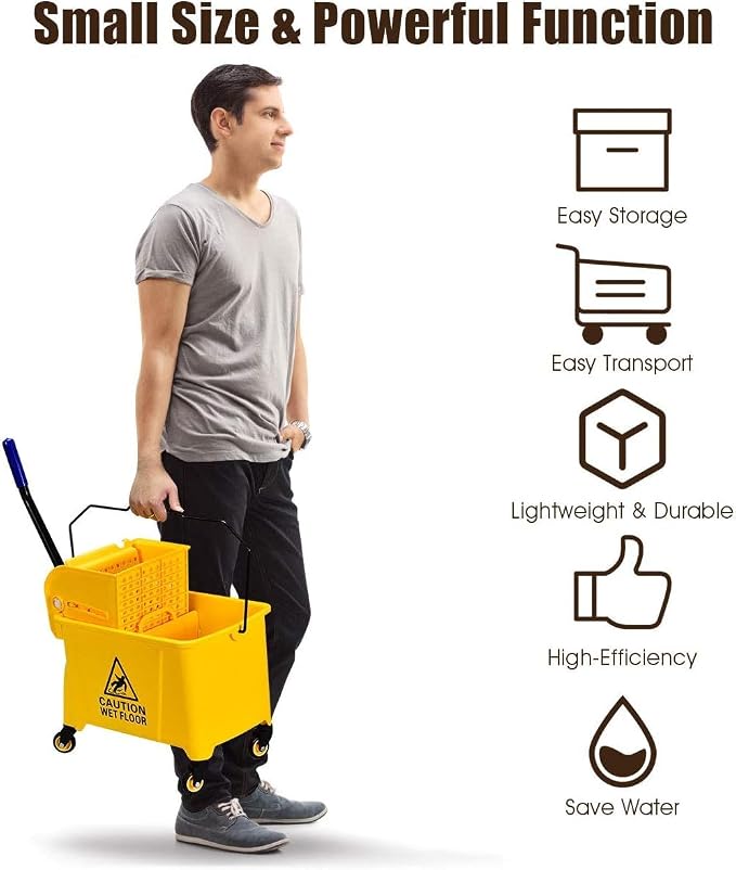Mop Bucket, Commercial Bucket for Mopping on Wheels with Potable Handle, Mop Bucket with Wringer for Home, Household, Office, Bathroom, Yellow (21 Quarts)