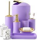BSSN Purple and Gold Bathroom Accessories Set, 9 Pieces Luxury Bath Decor Set with Trash Can, Toilet Brush, Gold Pump Soap Dispenser, Multi-Slot Toothbrush Holder, Qtip Jars and Tray