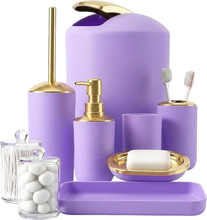 BSSN Purple and Gold Bathroom Accessories Set, 9 Pieces Luxury Bath Decor Set with Trash Can, Toilet Brush, Gold Pump Soap Dispenser, Multi-Slot Toothbrush Holder, Qtip Jars and Tray