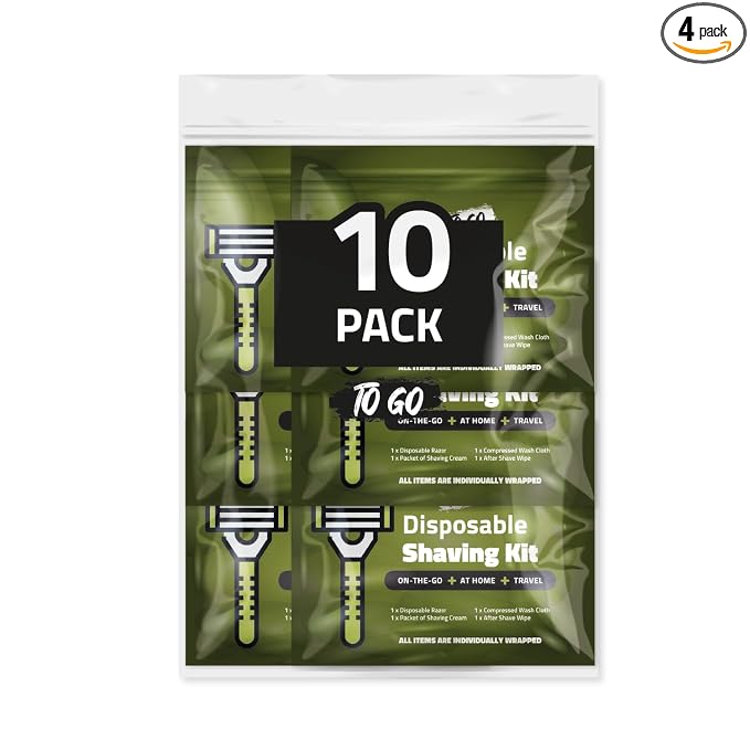 Travel Shaving Kit with Razor, Shaving Cream, Washcloth and Aftershave Wipe, Men's Disposable Grooming Pack (Green) (10)