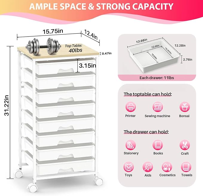 Goovilla Rolling Cart with Drawers, Utility Cart Organizer With 8 Removable Drawers and Wooden Tabletop, Lockable Rolling Storage Organizer for Art, Classroom, Home, Dorm, Office, Craft Storage, White
