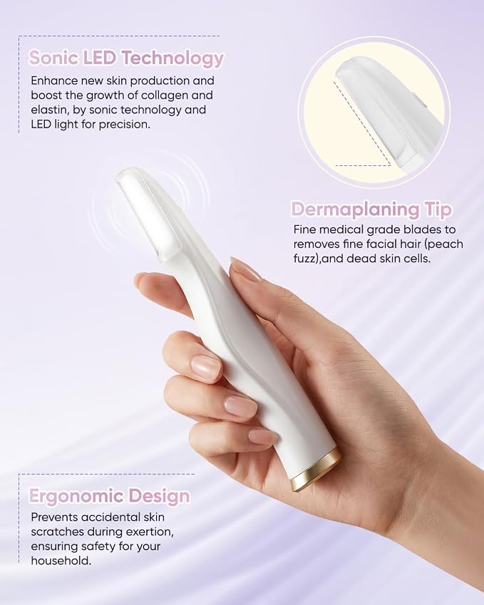 Sonic Dermaplaning Tool for Women Face, Electric Dermaplane Razor with LED Light, 2-in-1 Peach Fuzz & Dead Skin Remover, 3-Speed Facial Exfoliating Tool with 8 Replacement Blades (White)