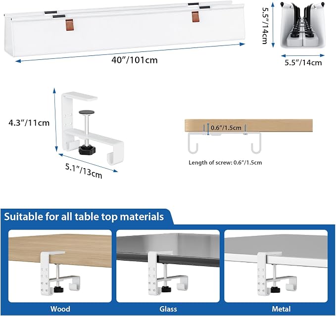 Zilink Large Cable Management Under Desk 40" No Drill Desk Cable Management Clamp/Screw Mount Fabric Cable Tray Sturdy Waterproof Cable Organizer for Office, Home, White