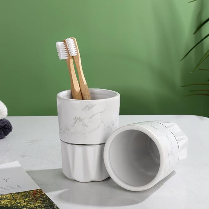 Soap Dispenser Set White, Set of 5 Bathroom Accessories, with 2 Toothbrush Cups, Soap Dish, Toothbrush Cup, Ceramic Soap Dispenser, for Bathrooms, Apartments, Dormitories,Marble White