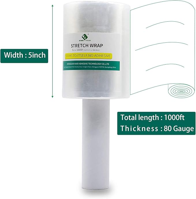 BOMEI PACK 6 Pack Industrial Clear Mini Stretch Wrap Roll with Handle, 5" x 1000Feet 80 Gauge for Heavy Duty, Durable Self-Adhering Plastic Wrap for Packing, Moving