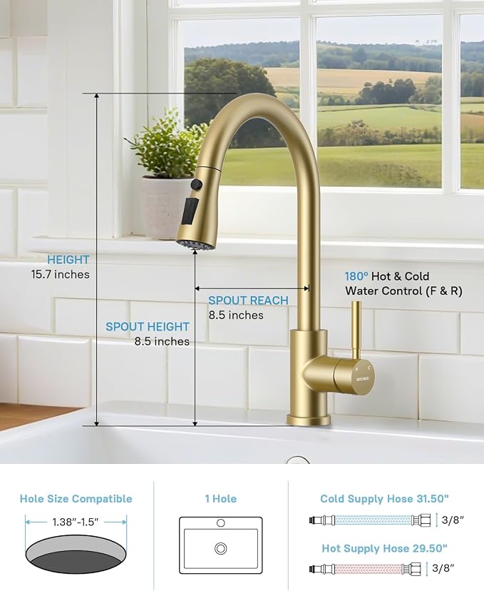 WEWE Kitchen Faucet with Pull Down Sprayer and Soap Dispenser, Gold High Arc Single Handle Stainless Steel Sink Faucet, Suitable for Farmhouse, RV & Laundry
