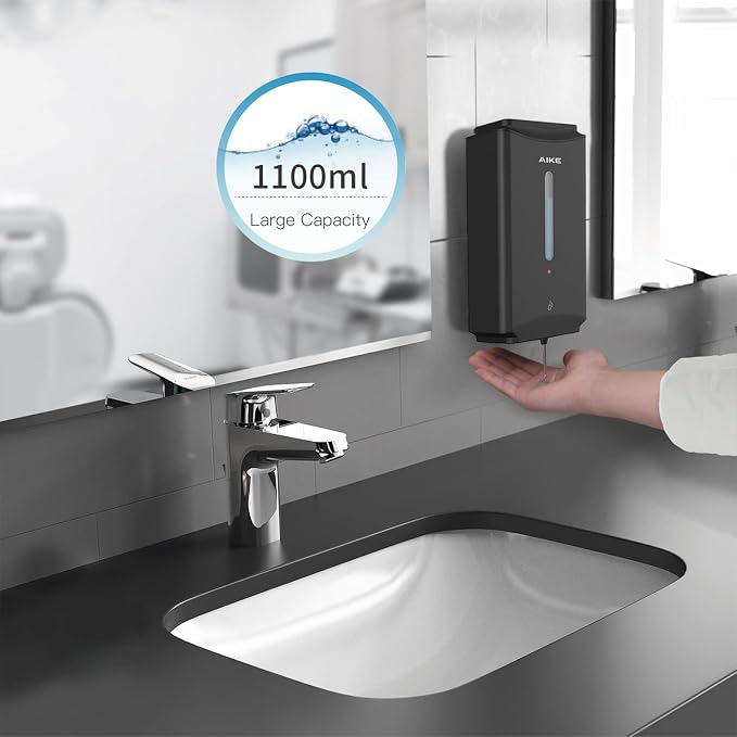 AIKE Heavy Duty Automatic Soap Dispenser,37oz for Bathroom,Matteblack Steel | 5-Level and Savety Key for Commercial(4*AA Batteries Not Included),Screw Wall Mount for Space-Saving,Stainless Steel AK1206