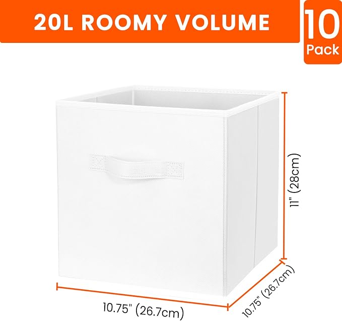 Storage Cubes, 11 Inch Cube Storage Bins for Shelves Closet Nursery Bedroom - 10 Pack Collapsible Baskets with Handles - Fabric Bins for Organizing Magazines Clothes Blanket Toys (White)