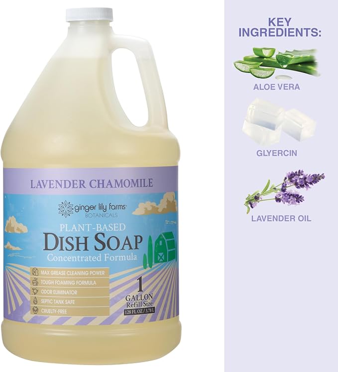 Ginger Lily Farms Botanicals Plant-Based Liquid Dish Soap, Concentrated Formula with Max Grease Cleaning Power, Cruelty-Free, Lavender Chamomile Scent, 1 Gallon (Pack of 4)